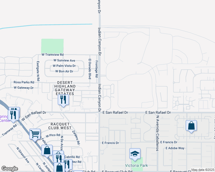 map of restaurants, bars, coffee shops, grocery stores, and more near 265 Sandy Point Trail in Palm Springs