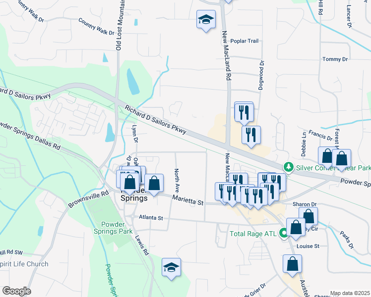 map of restaurants, bars, coffee shops, grocery stores, and more near 4296 Pineview Drive in Powder Springs