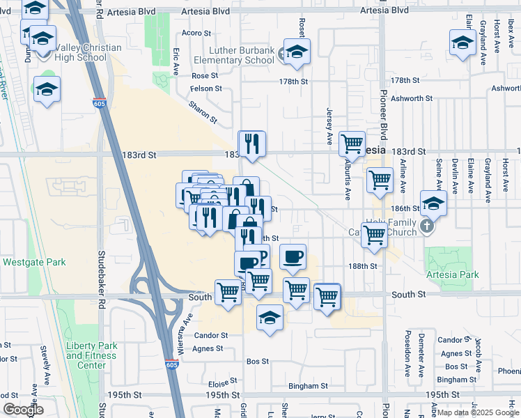 map of restaurants, bars, coffee shops, grocery stores, and more near 11422 186th Street in Artesia