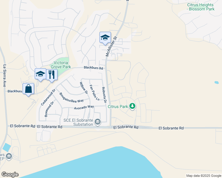 map of restaurants, bars, coffee shops, grocery stores, and more near 17727 Santa Lucia Court in Riverside