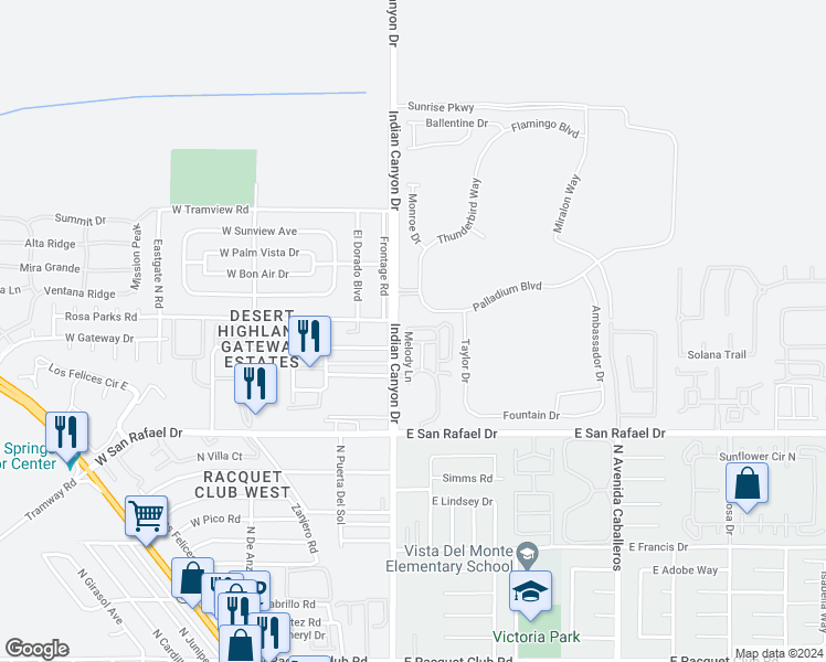 map of restaurants, bars, coffee shops, grocery stores, and more near 225 Sandy Point Trail in Palm Springs