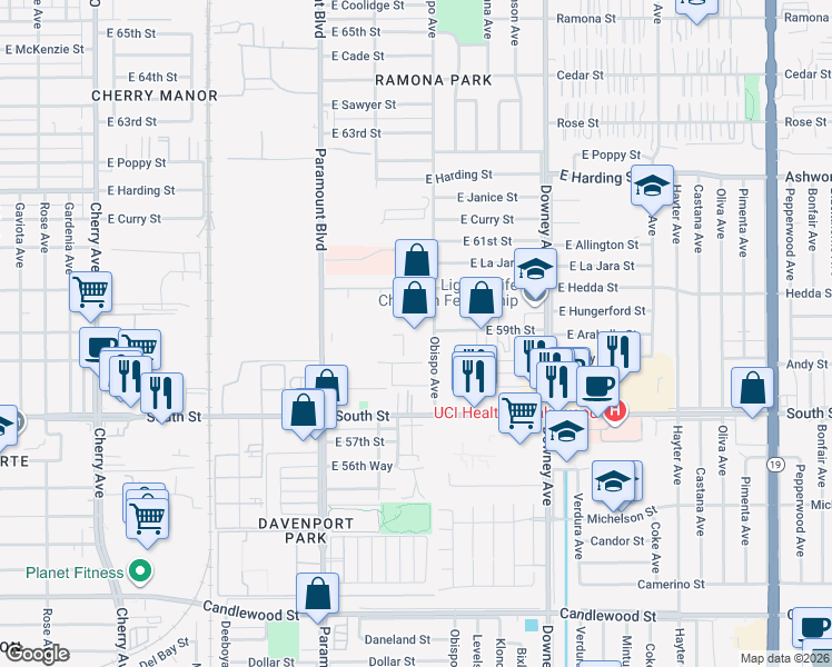map of restaurants, bars, coffee shops, grocery stores, and more near 5875 Obispo Avenue in Long Beach