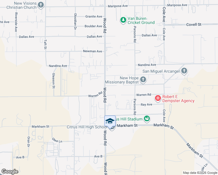 map of restaurants, bars, coffee shops, grocery stores, and more near 19015 Spalding Avenue in Riverside
