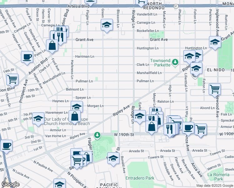 map of restaurants, bars, coffee shops, grocery stores, and more near 2017 Speyer Lane in Redondo Beach