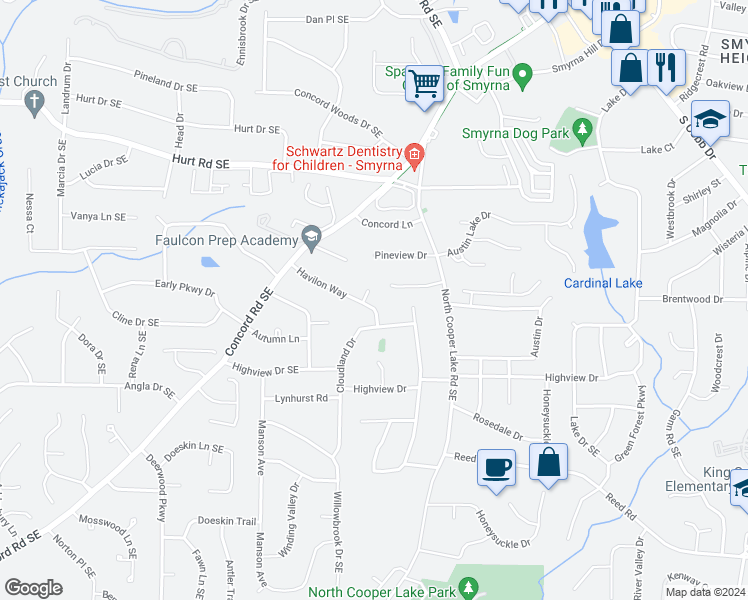 map of restaurants, bars, coffee shops, grocery stores, and more near 461 Havilon Way in Smyrna