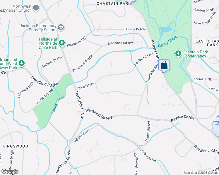 map of restaurants, bars, coffee shops, grocery stores, and more near 351 King Road Northwest in Atlanta