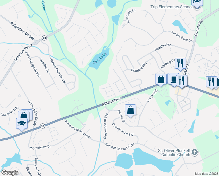 map of restaurants, bars, coffee shops, grocery stores, and more near 1418 Haynescrest Court in Grayson