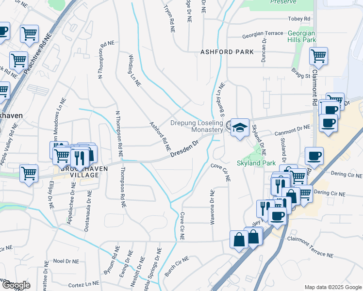 map of restaurants, bars, coffee shops, grocery stores, and more near 1678 Dresden Drive in Atlanta