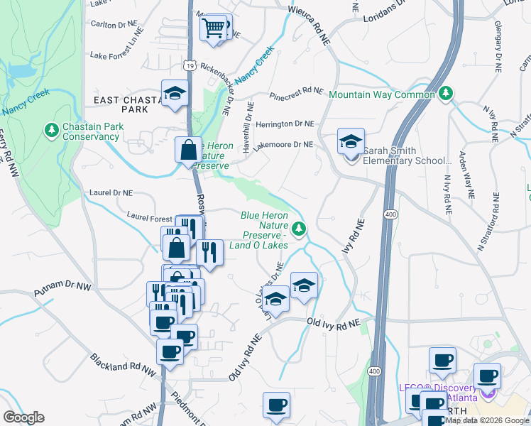 map of restaurants, bars, coffee shops, grocery stores, and more near 3987 Land O Lakes Drive Northeast in Atlanta