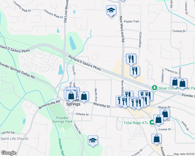map of restaurants, bars, coffee shops, grocery stores, and more near 4314 Pineview Drive in Powder Springs
