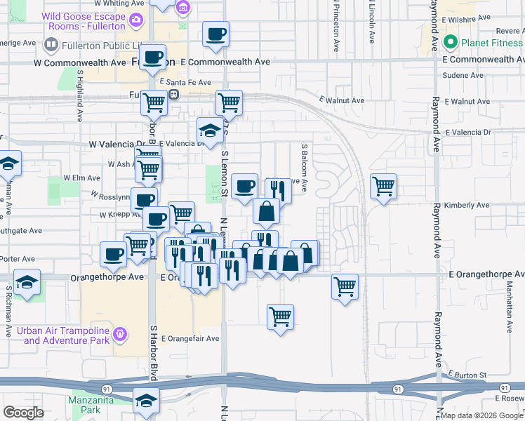 map of restaurants, bars, coffee shops, grocery stores, and more near 162 E Freedom Ave in Anaheim