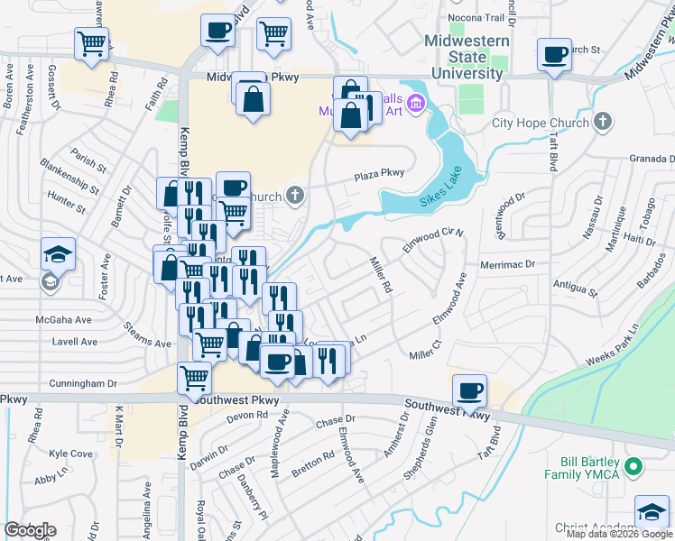 map of restaurants, bars, coffee shops, grocery stores, and more near 2024 Peachtree Lane in Wichita Falls