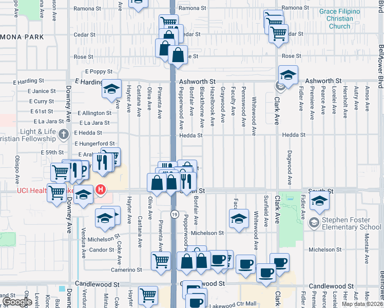 map of restaurants, bars, coffee shops, grocery stores, and more near 4343 Arabella Street in Lakewood