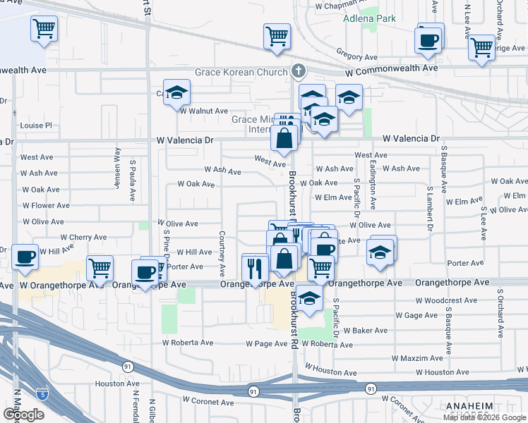 map of restaurants, bars, coffee shops, grocery stores, and more near 1819 West Olive Avenue in Fullerton