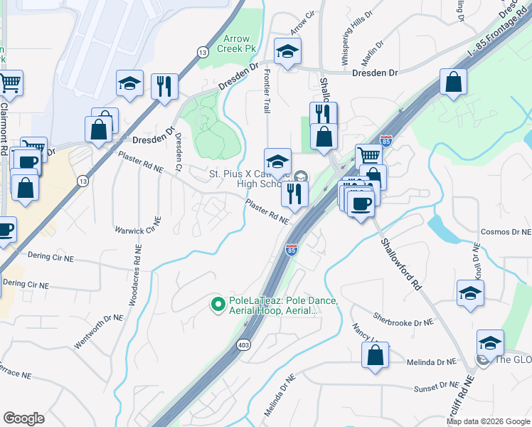 map of restaurants, bars, coffee shops, grocery stores, and more near 2584 New Haven Drive Northeast in Atlanta