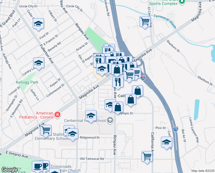 map of restaurants, bars, coffee shops, grocery stores, and more near 1550 Rimpau Avenue in Corona