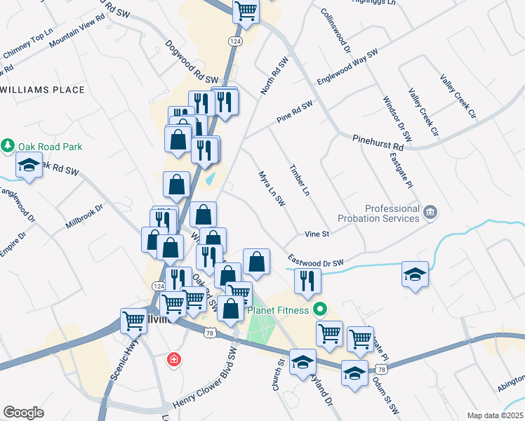 map of restaurants, bars, coffee shops, grocery stores, and more near 2339 Eastwood Drive Southwest in Snellville