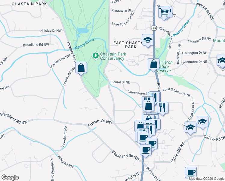 map of restaurants, bars, coffee shops, grocery stores, and more near 3943 Lake Forrest Drive Northeast in Atlanta