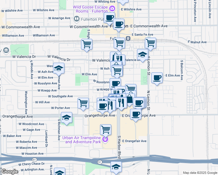 map of restaurants, bars, coffee shops, grocery stores, and more near 124 West Knepp Avenue in Fullerton