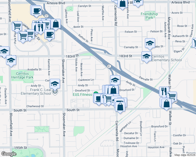 map of restaurants, bars, coffee shops, grocery stores, and more near 13202 Cantrece Lane in Cerritos
