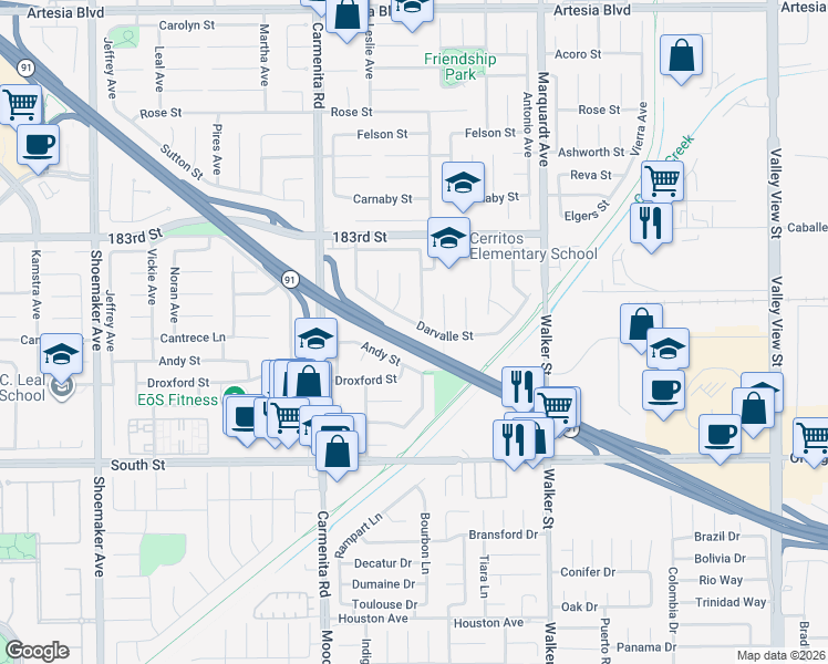 map of restaurants, bars, coffee shops, grocery stores, and more near 13530 Darvalle Street in Cerritos