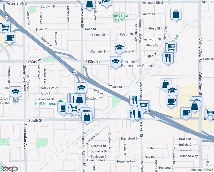 map of restaurants, bars, coffee shops, grocery stores, and more near 13530 Darvalle Street in Cerritos