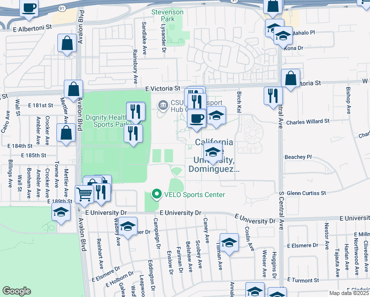 map of restaurants, bars, coffee shops, grocery stores, and more near Perimeter Road in Carson