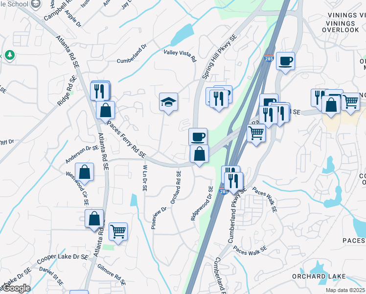 map of restaurants, bars, coffee shops, grocery stores, and more near 2359 Montford Place in Smyrna