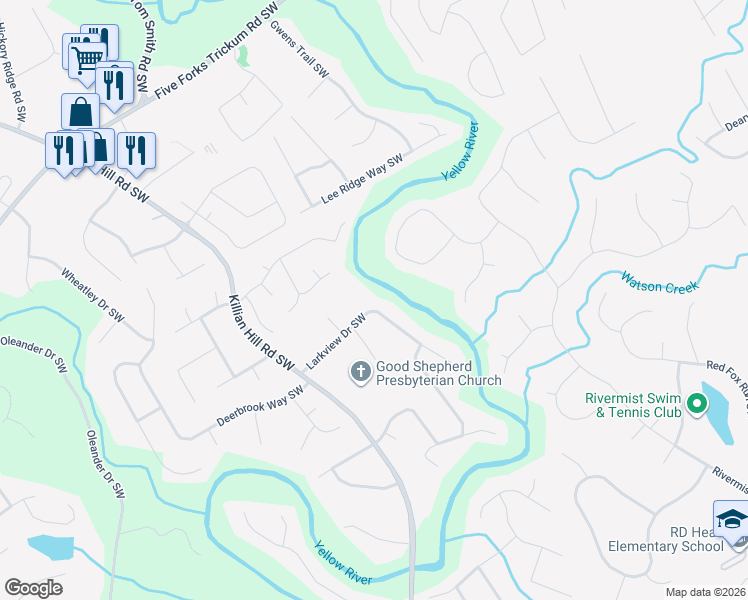 map of restaurants, bars, coffee shops, grocery stores, and more near 1310 Larkview Drive Southwest in Lilburn