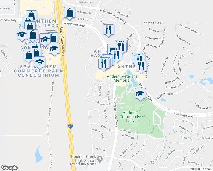 map of restaurants, bars, coffee shops, grocery stores, and more near 3654 West Thalia Court in New River