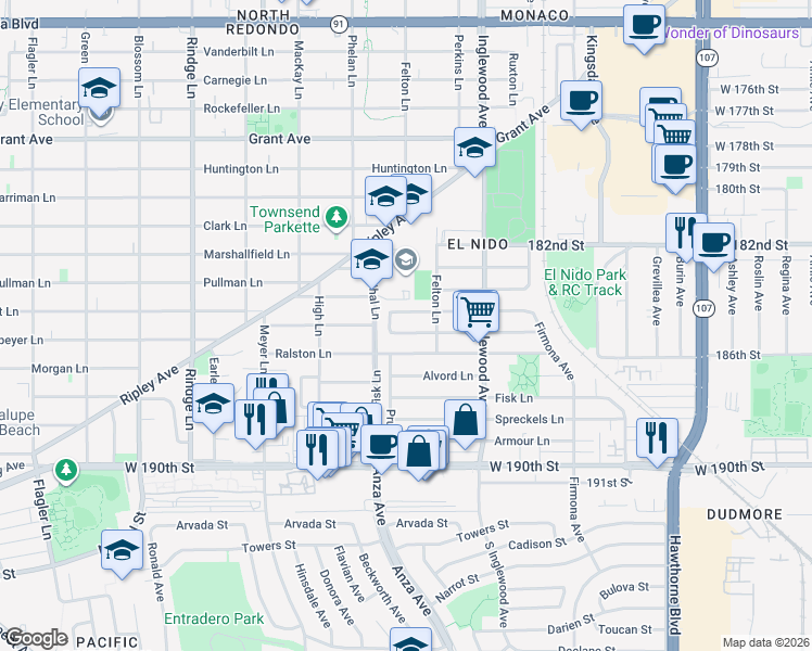 map of restaurants, bars, coffee shops, grocery stores, and more near 2507 185th Street in Redondo Beach