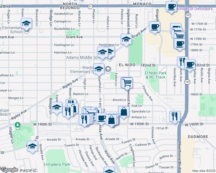 map of restaurants, bars, coffee shops, grocery stores, and more near 2507 185th Street in Redondo Beach