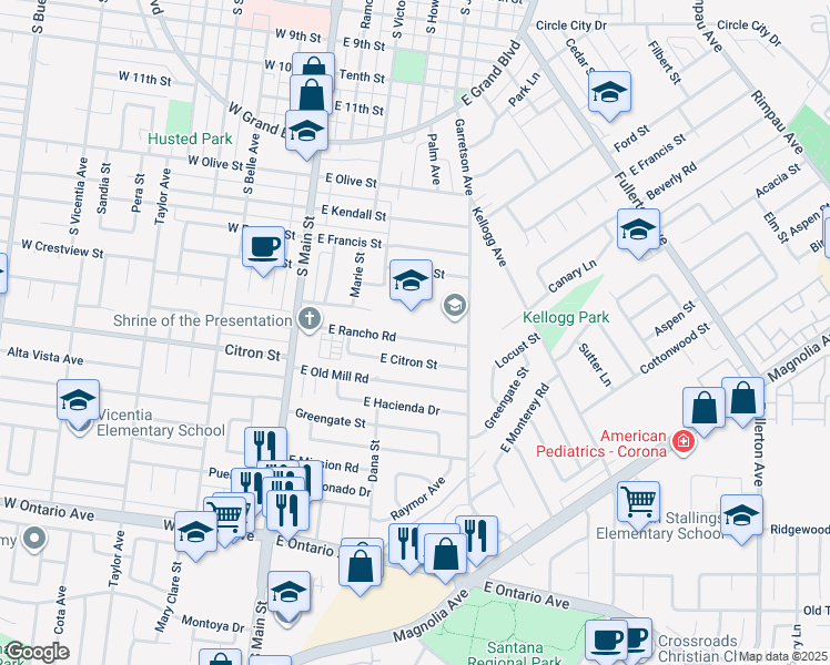 map of restaurants, bars, coffee shops, grocery stores, and more near 389 East Rancho Road in Corona