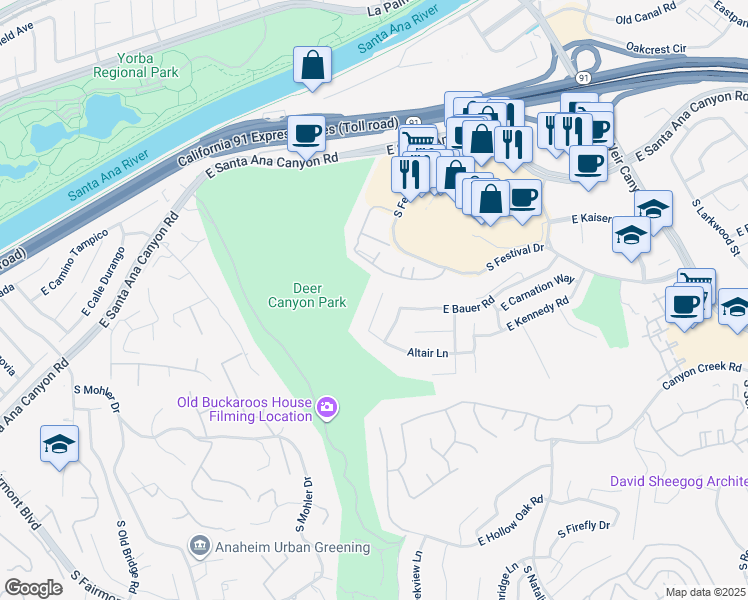 map of restaurants, bars, coffee shops, grocery stores, and more near 223 South Raspberry Lane in Anaheim
