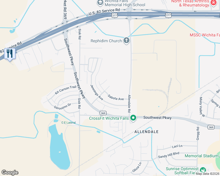 map of restaurants, bars, coffee shops, grocery stores, and more near 6615 Rosedale Street in Wichita Falls