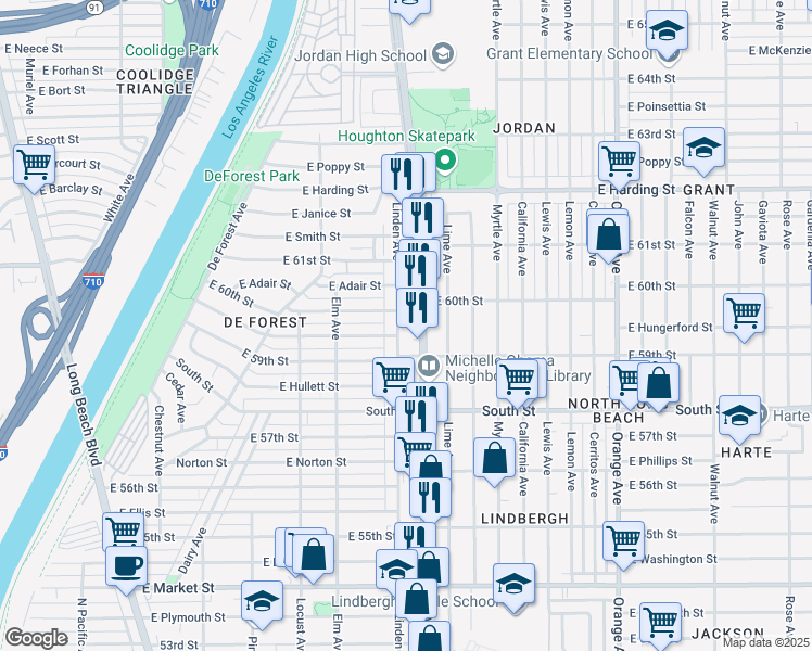 map of restaurants, bars, coffee shops, grocery stores, and more near 5952 Linden Avenue in Long Beach