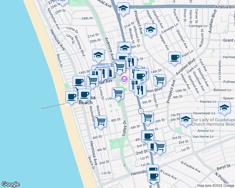 map of restaurants, bars, coffee shops, grocery stores, and more near 1109 Valley Drive in Hermosa Beach