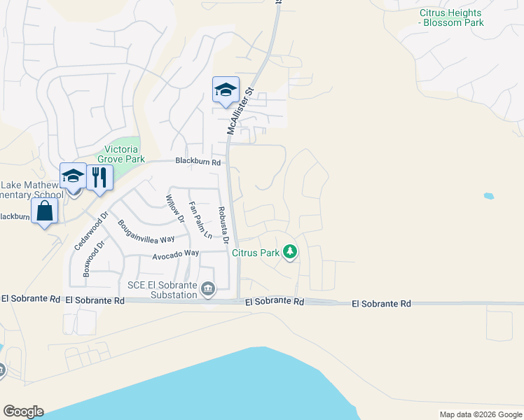 map of restaurants, bars, coffee shops, grocery stores, and more near 17530 McAllister Street in Riverside