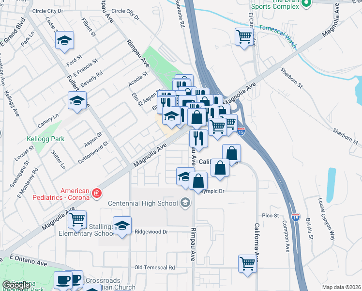 map of restaurants, bars, coffee shops, grocery stores, and more near 1550 Rimpau Avenue in Corona