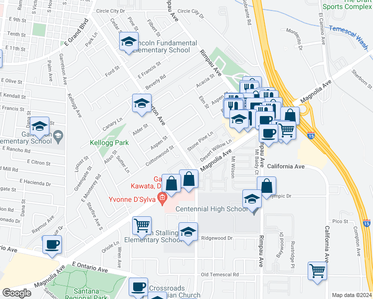 map of restaurants, bars, coffee shops, grocery stores, and more near 1611 Windmill Lane in Corona