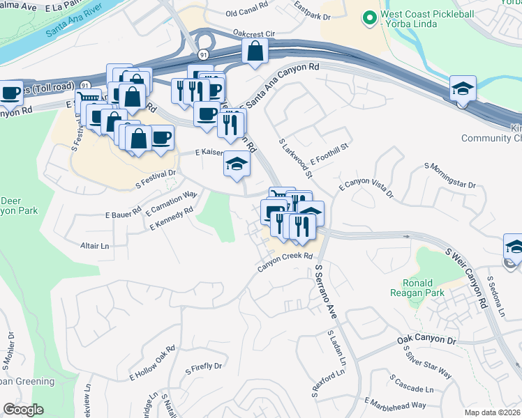 map of restaurants, bars, coffee shops, grocery stores, and more near 8000 East Oak Ridge Circle in Anaheim