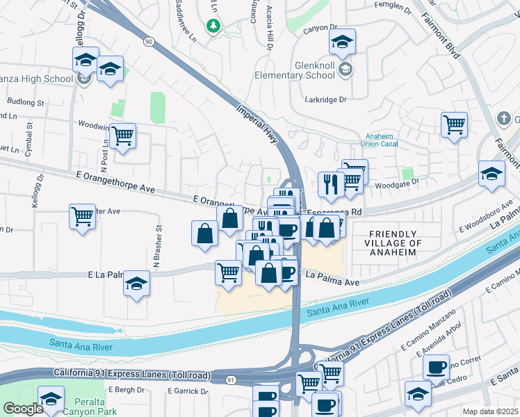 map of restaurants, bars, coffee shops, grocery stores, and more near 5650-5658 East Orangethorpe Avenue in Anaheim