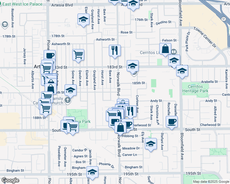 map of restaurants, bars, coffee shops, grocery stores, and more near 12156 186th Street in Artesia