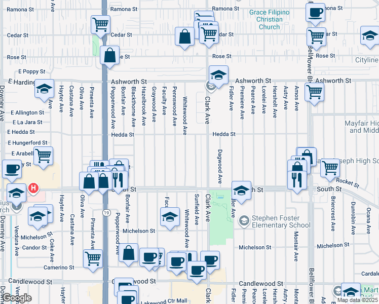 map of restaurants, bars, coffee shops, grocery stores, and more near 5912 Whitewood Avenue in Lakewood