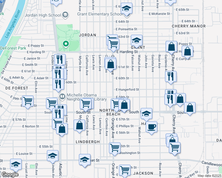 map of restaurants, bars, coffee shops, grocery stores, and more near 5915 Orange Avenue in Long Beach