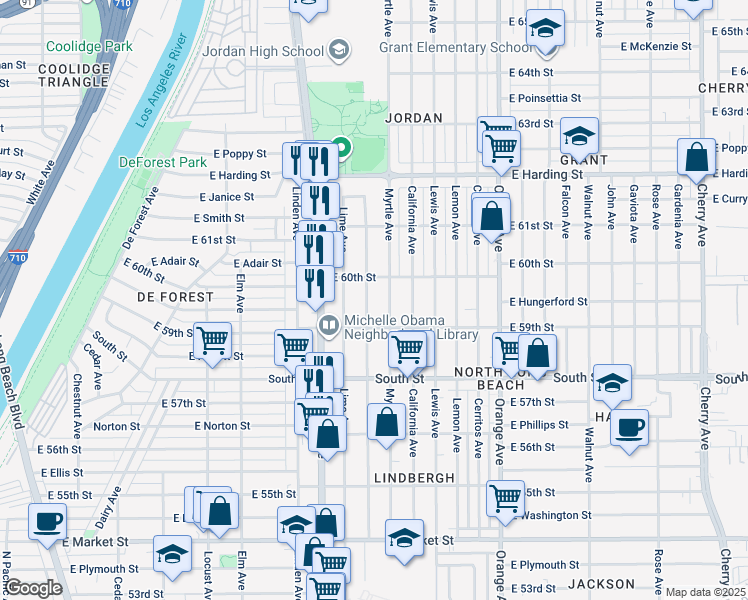 map of restaurants, bars, coffee shops, grocery stores, and more near 5927 Myrtle Avenue in Long Beach
