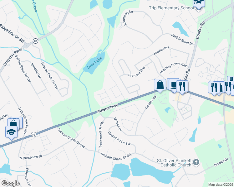 map of restaurants, bars, coffee shops, grocery stores, and more near 308 Gable Brook Drive Southwest in Grayson