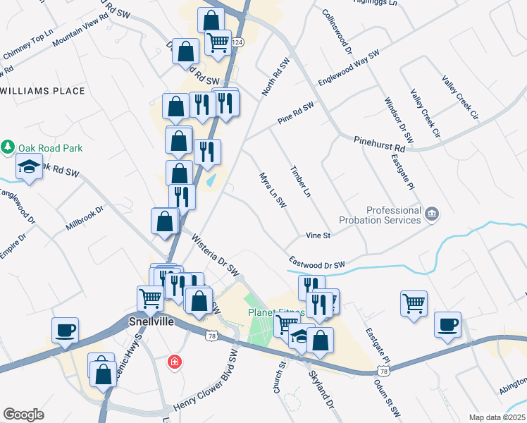 map of restaurants, bars, coffee shops, grocery stores, and more near 2339 Eastwood Drive Southwest in Snellville