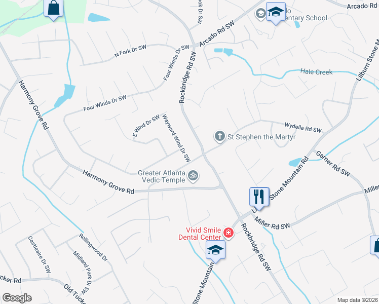 map of restaurants, bars, coffee shops, grocery stores, and more near 438 Wayward Wind Drive Southwest in Lilburn