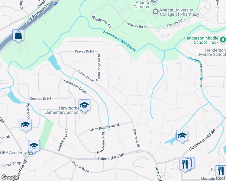 map of restaurants, bars, coffee shops, grocery stores, and more near 2636 Whiteleigh Drive Northeast in Atlanta